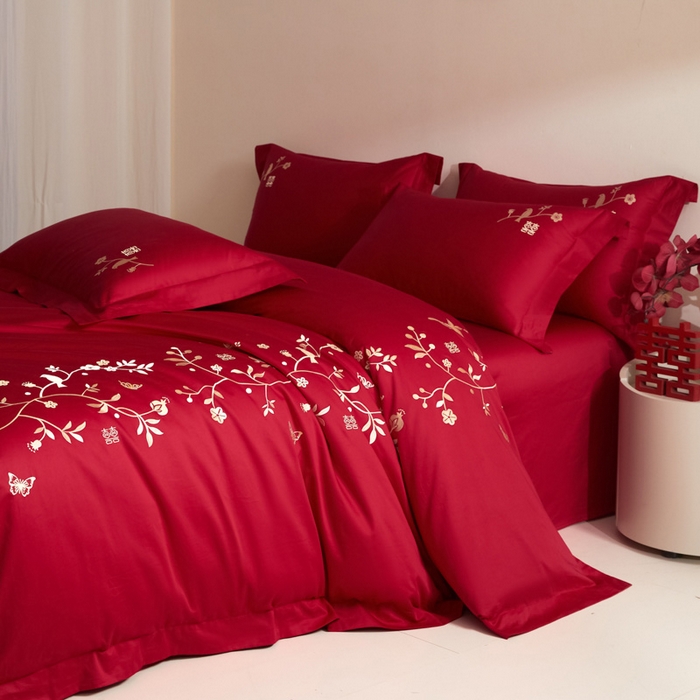 91家纺网 家纺一手货源 找家纺 （总）安妮家居 2025新款全棉纯棉刺绣婚庆套件-囍上眉梢