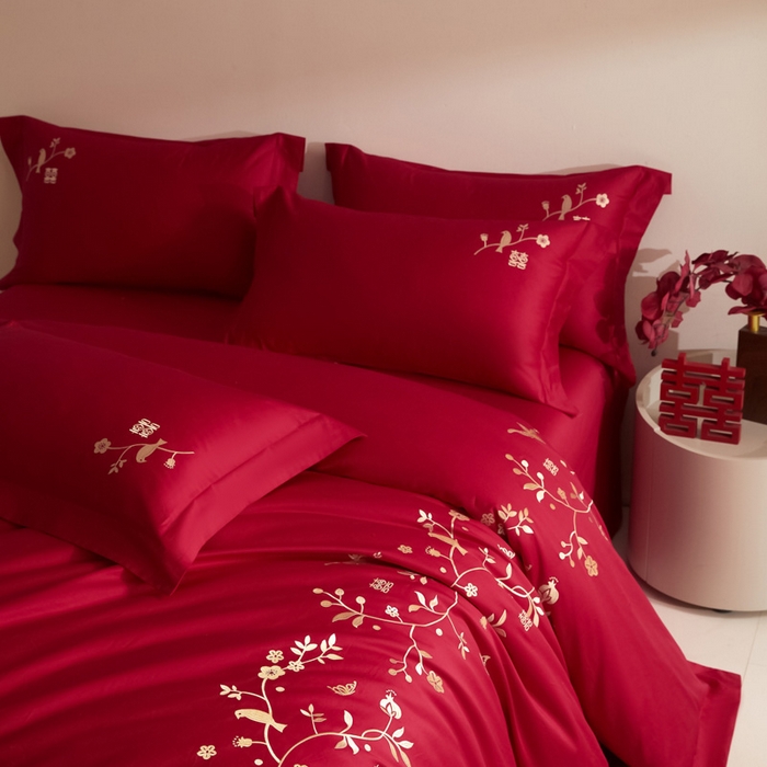 91家纺网 家纺一手货源 找家纺 （总）安妮家居 2025新款全棉纯棉刺绣婚庆套件-囍上眉梢