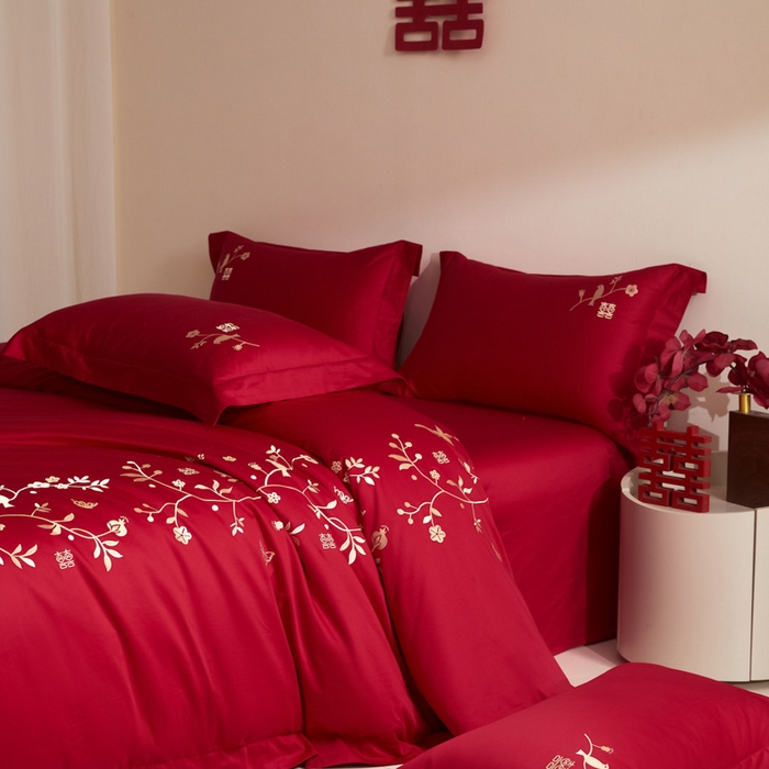 91家纺网 家纺一手货源 找家纺 （总）安妮家居 2025新款全棉纯棉刺绣婚庆套件-囍上眉梢