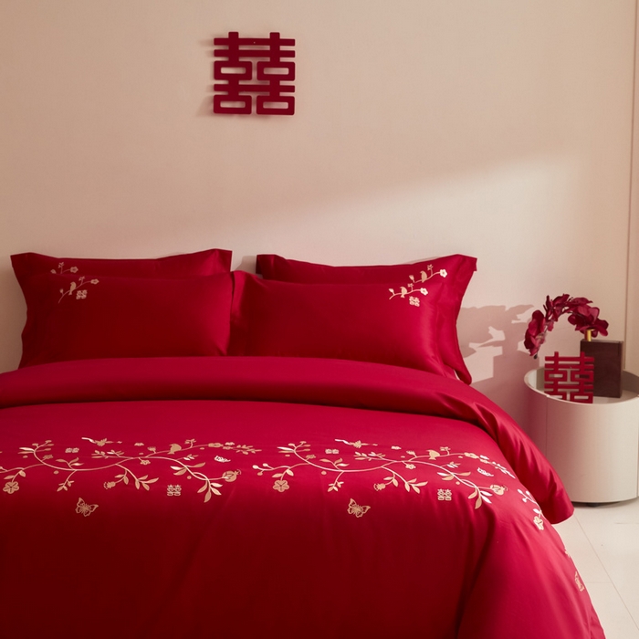 91家纺网 家纺一手货源 找家纺 （总）安妮家居 2025新款全棉纯棉刺绣婚庆套件-囍上眉梢