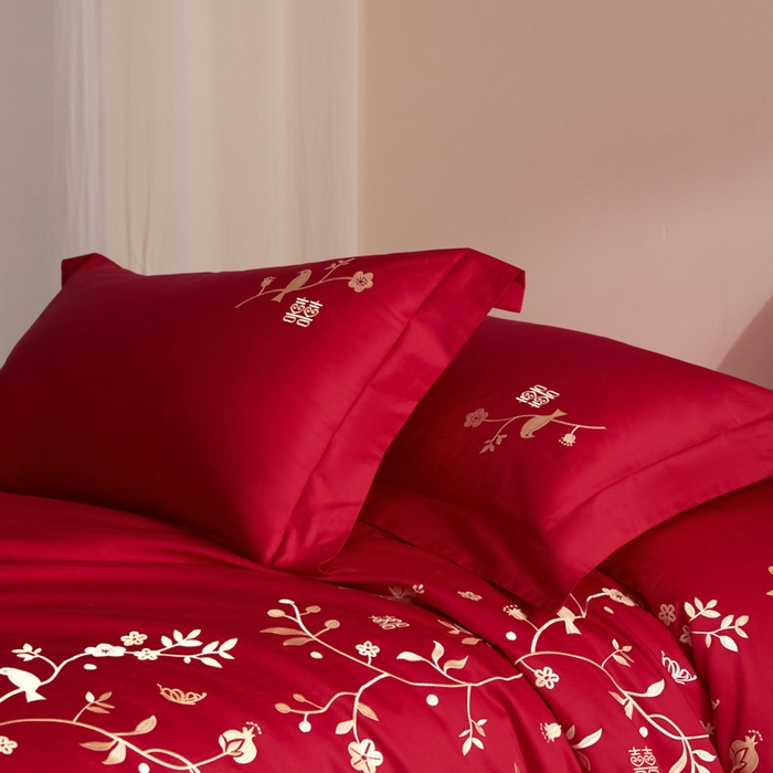 91家纺网 家纺一手货源 找家纺 （总）安妮家居 2025新款全棉纯棉刺绣婚庆套件-囍上眉梢