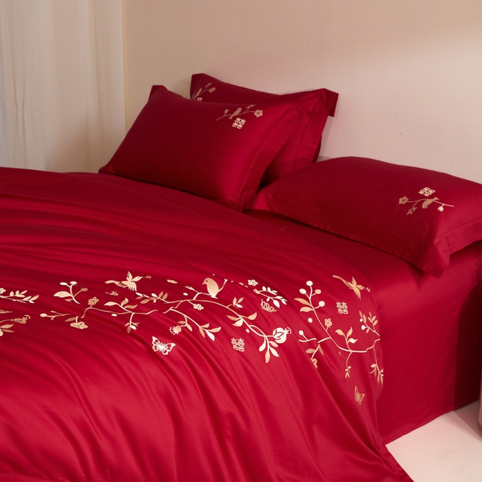 91家纺网 家纺一手货源 找家纺 （总）安妮家居 2025新款全棉纯棉刺绣婚庆套件-囍上眉梢