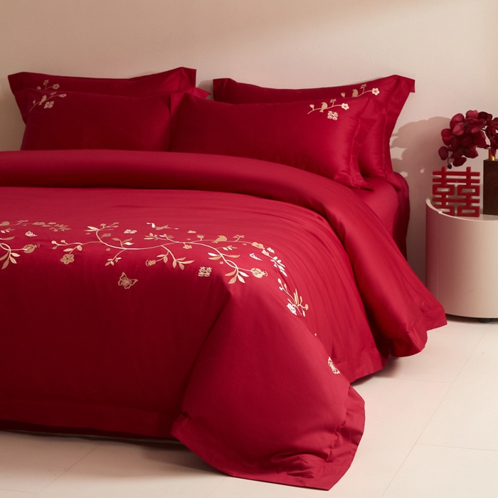 91家纺网 家纺一手货源 找家纺 （总）安妮家居 2025新款全棉纯棉刺绣婚庆套件-囍上眉梢