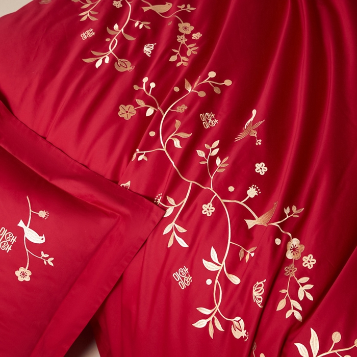 91家纺网 家纺一手货源 找家纺 （总）安妮家居 2025新款全棉纯棉刺绣婚庆套件-囍上眉梢