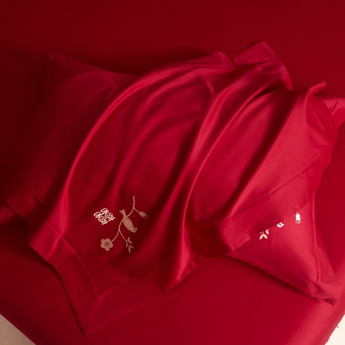 91家纺网 家纺一手货源 找家纺 （总）安妮家居 2025新款全棉纯棉刺绣婚庆套件-囍上眉梢