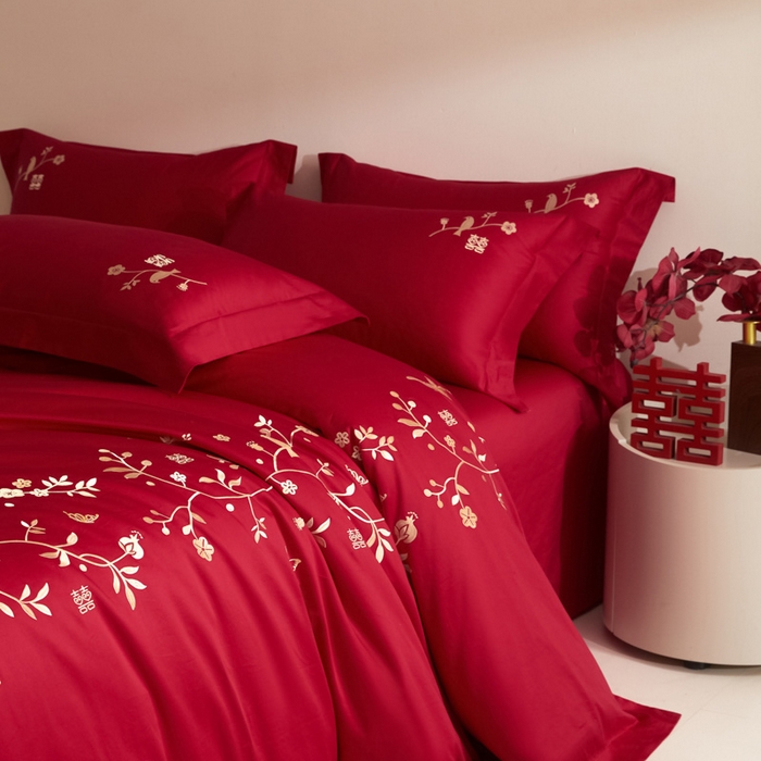 91家纺网 家纺一手货源 找家纺 （总）安妮家居 2025新款全棉纯棉刺绣婚庆套件-囍上眉梢