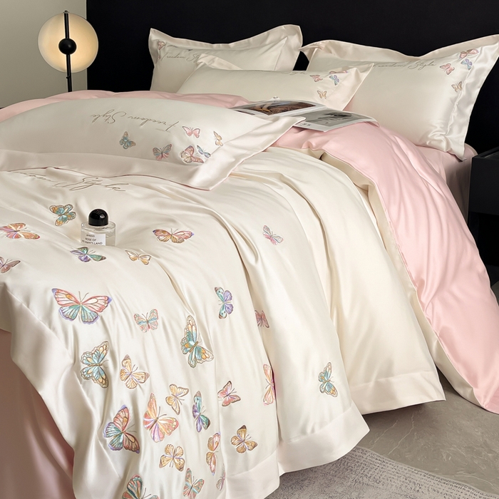 安妮2025珠光蝶影3M天丝四件套 白拼粉