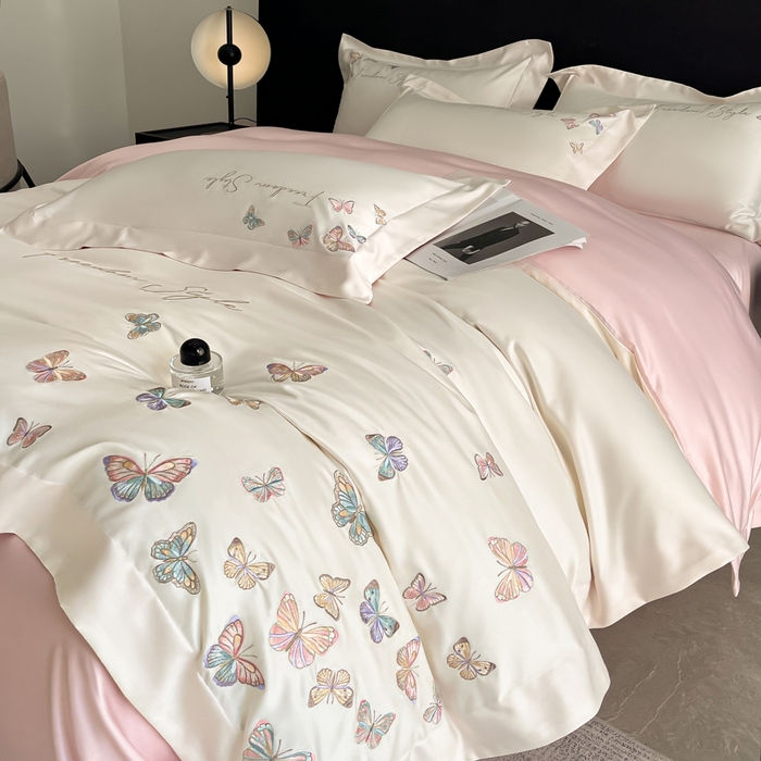 91家纺网 家纺一手货源 找家纺 安妮2025珠光蝶影3M天丝四件套 白拼粉