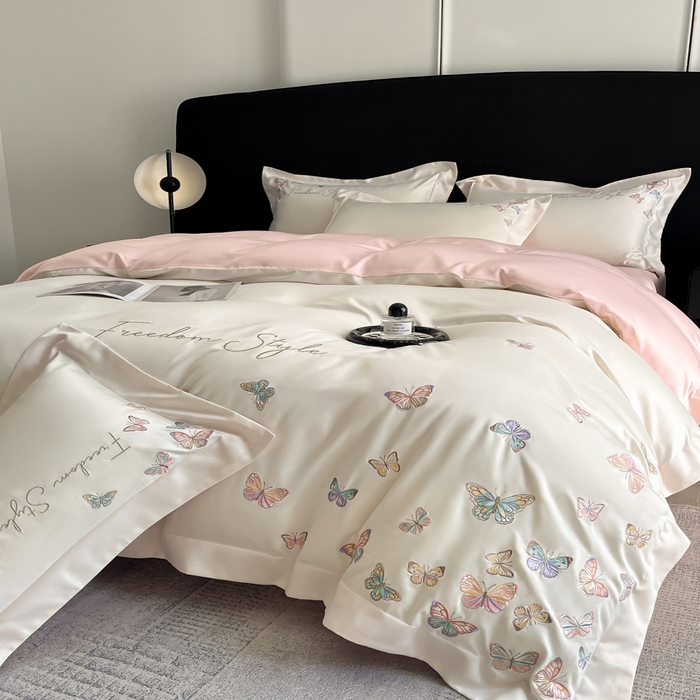 91家纺网 家纺一手货源 找家纺 安妮2025珠光蝶影3M天丝四件套 白拼粉