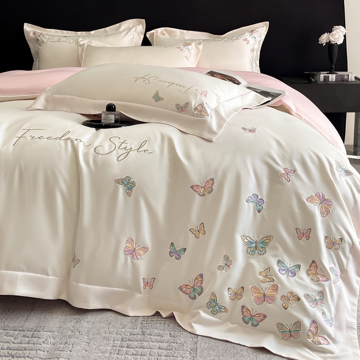 91家纺网 家纺一手货源 找家纺 安妮2025珠光蝶影3M天丝四件套 白拼粉