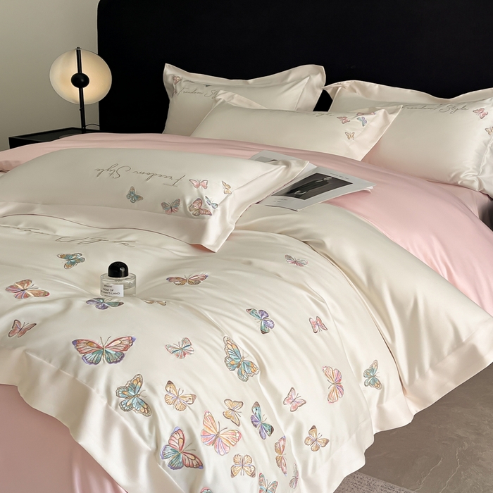 91家纺网 家纺一手货源 找家纺 安妮2025珠光蝶影3M天丝四件套 白拼粉