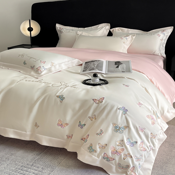 91家纺网 家纺一手货源 找家纺 安妮2025珠光蝶影3M天丝四件套 白拼粉