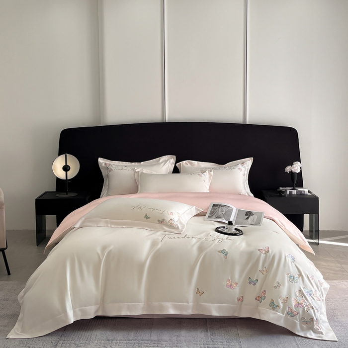 91家纺网 家纺一手货源 找家纺 安妮2025珠光蝶影3M天丝四件套 白拼粉