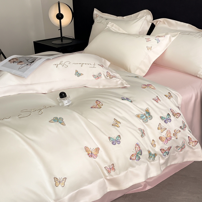 91家纺网 家纺一手货源 找家纺 安妮2025珠光蝶影3M天丝四件套 白拼粉