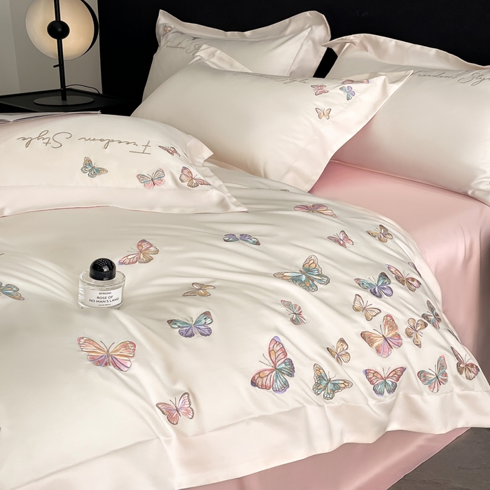 91家纺网 家纺一手货源 找家纺 安妮2025珠光蝶影3M天丝四件套 白拼粉