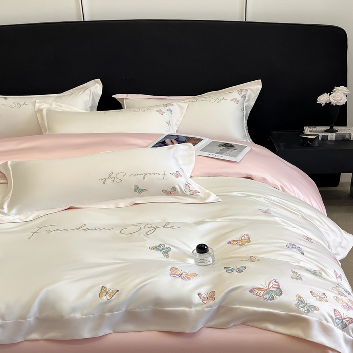 91家纺网 家纺一手货源 找家纺 安妮2025珠光蝶影3M天丝四件套 白拼粉