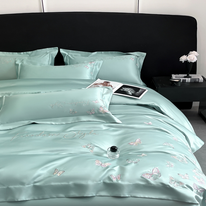 91家纺网 家纺一手货源 找家纺 安妮2025珠光蝶影3M天丝四件套 湖蓝