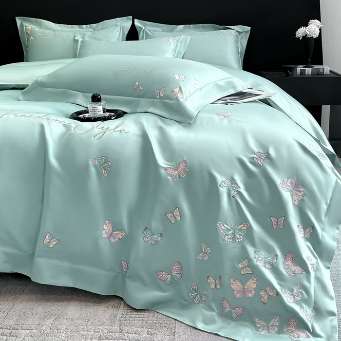 91家纺网 家纺一手货源 找家纺 安妮2025珠光蝶影3M天丝四件套 湖蓝