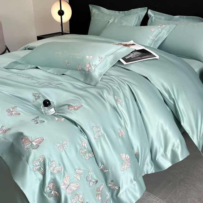 91家纺网 家纺一手货源 找家纺 安妮2025珠光蝶影3M天丝四件套 湖蓝