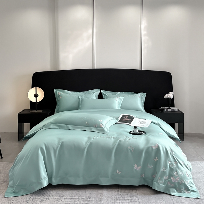 91家纺网 家纺一手货源 找家纺 安妮2025珠光蝶影3M天丝四件套 湖蓝