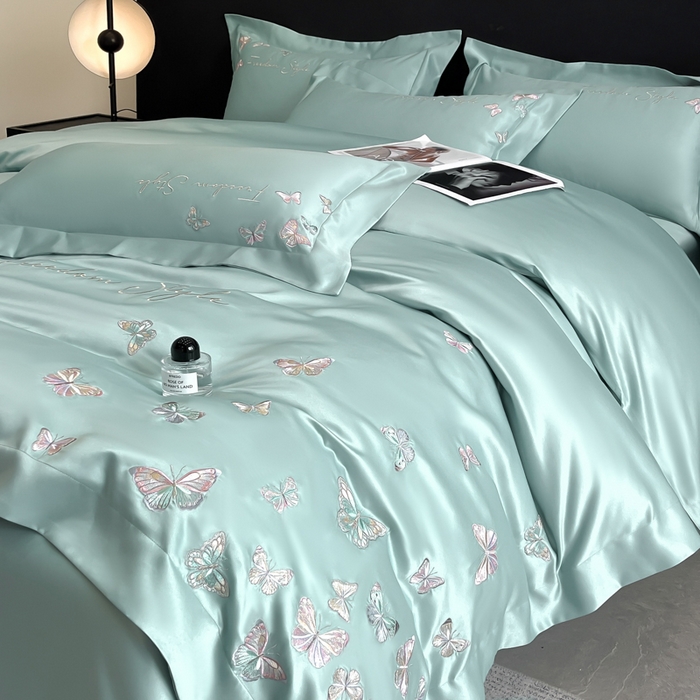 91家纺网 家纺一手货源 找家纺 安妮2025珠光蝶影3M天丝四件套 湖蓝