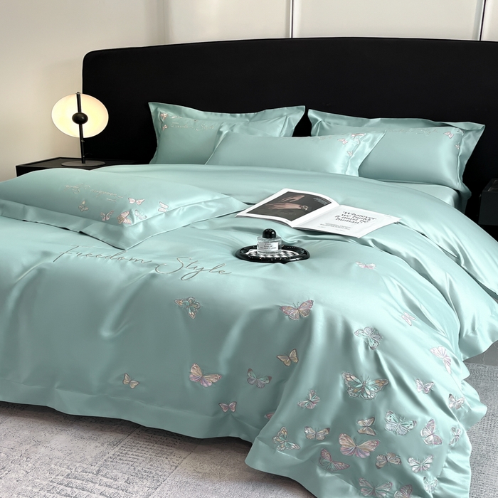 91家纺网 家纺一手货源 找家纺 安妮2025珠光蝶影3M天丝四件套 湖蓝