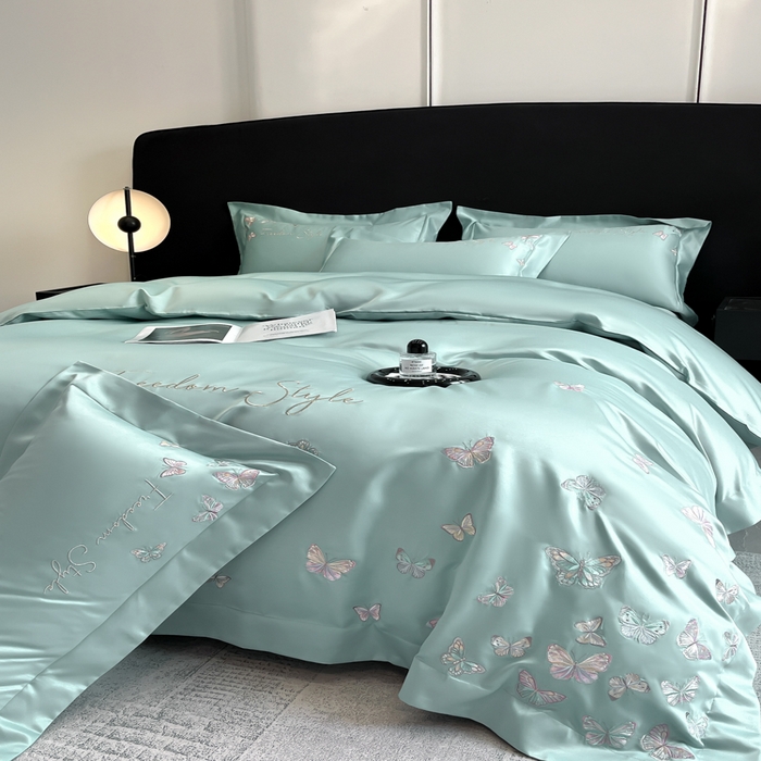 91家纺网 家纺一手货源 找家纺 安妮2025珠光蝶影3M天丝四件套 湖蓝