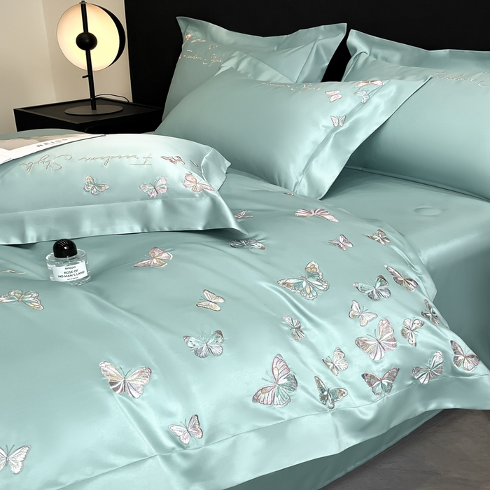 91家纺网 家纺一手货源 找家纺 安妮2025珠光蝶影3M天丝四件套 湖蓝