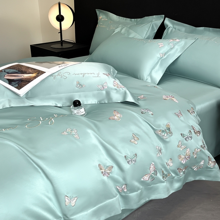 91家纺网 家纺一手货源 找家纺 安妮2025珠光蝶影3M天丝四件套 湖蓝