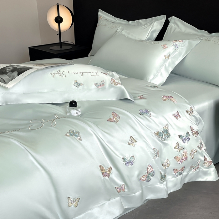 91家纺网 家纺一手货源 找家纺 安妮2025珠光蝶影3M天丝四件套 冰蓝