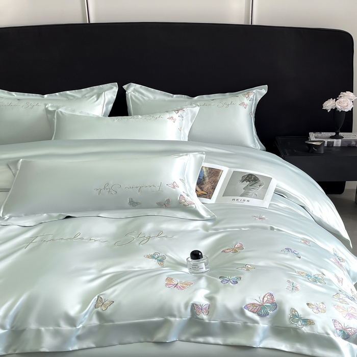 91家纺网 家纺一手货源 找家纺 安妮2025珠光蝶影3M天丝四件套 冰蓝