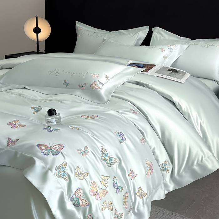 91家纺网 家纺一手货源 找家纺 安妮2025珠光蝶影3M天丝四件套 冰蓝