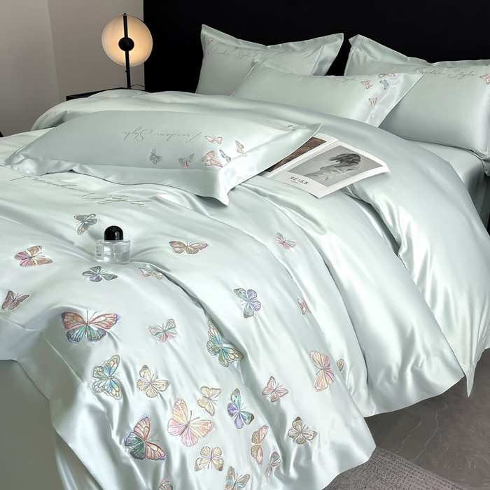 91家纺网 家纺一手货源 找家纺 安妮2025珠光蝶影3M天丝四件套 冰蓝