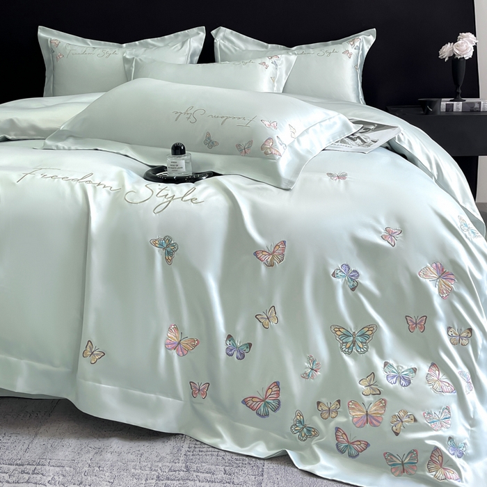 91家纺网 家纺一手货源 找家纺 安妮2025珠光蝶影3M天丝四件套 冰蓝