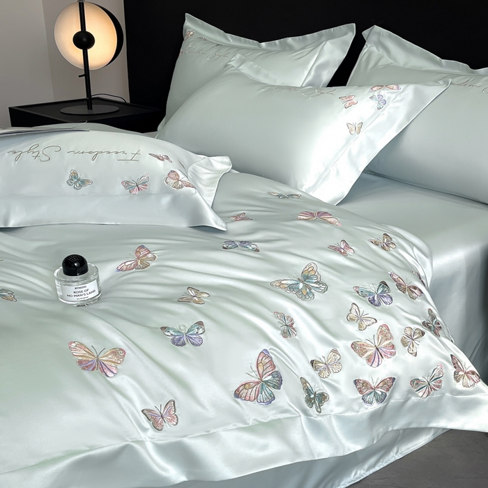 91家纺网 家纺一手货源 找家纺 安妮2025珠光蝶影3M天丝四件套 冰蓝