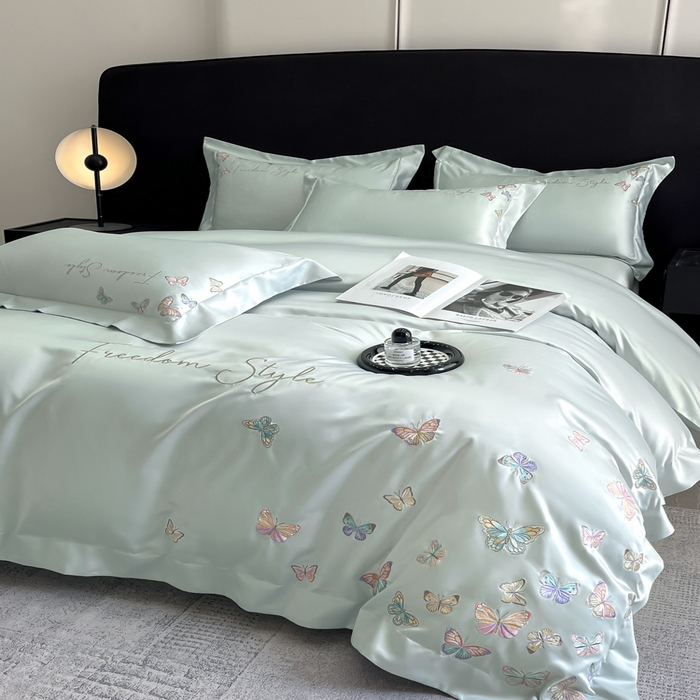 91家纺网 家纺一手货源 找家纺 安妮2025珠光蝶影3M天丝四件套 冰蓝