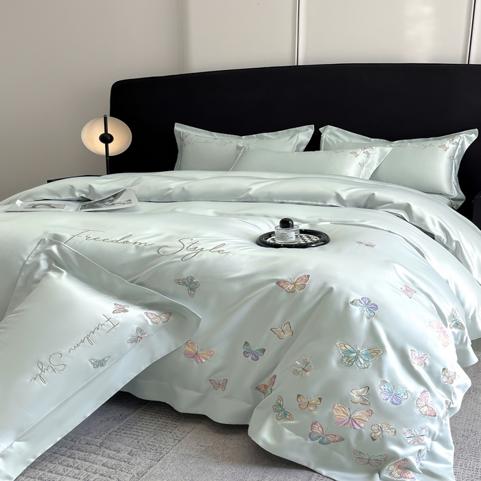 91家纺网 家纺一手货源 找家纺 安妮2025珠光蝶影3M天丝四件套 冰蓝