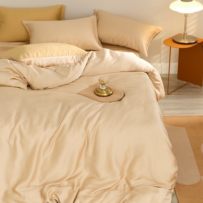 91家纺网 家纺一手货源 找家纺 2025新款A类奥地利进口60支兰精天丝莱赛尔轻奢纯色双拼四件套 沙茶色