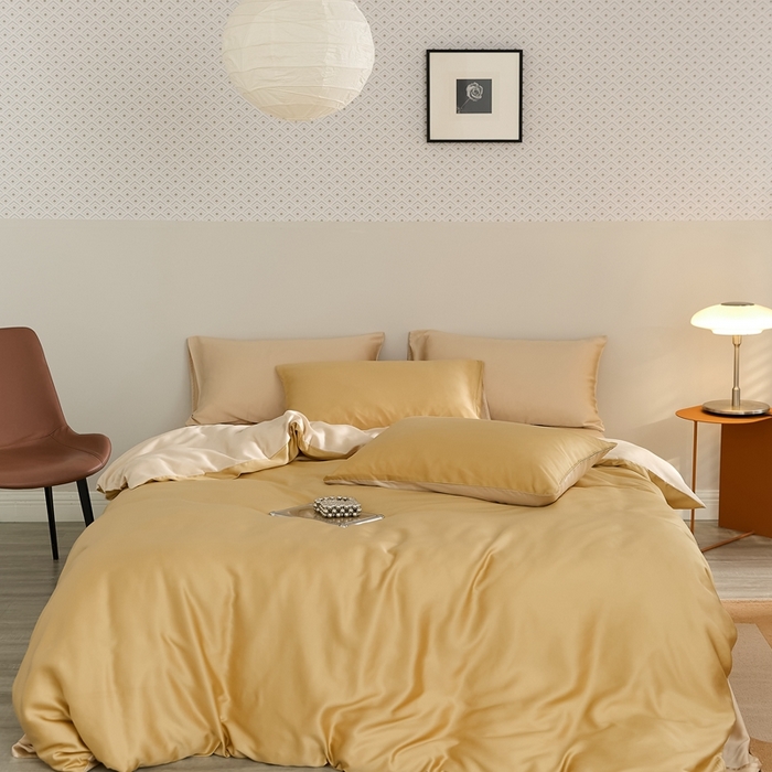 91家纺网 家纺一手货源 找家纺 2025新款A类奥地利进口60支兰精天丝莱赛尔轻奢纯色双拼四件套 芝士黄-沙茶色