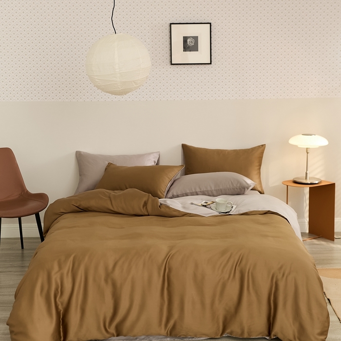 91家纺网 家纺一手货源 找家纺 2025新款A类奥地利进口60支兰精天丝莱赛尔轻奢纯色双拼四件套 敦煌色-曙光银