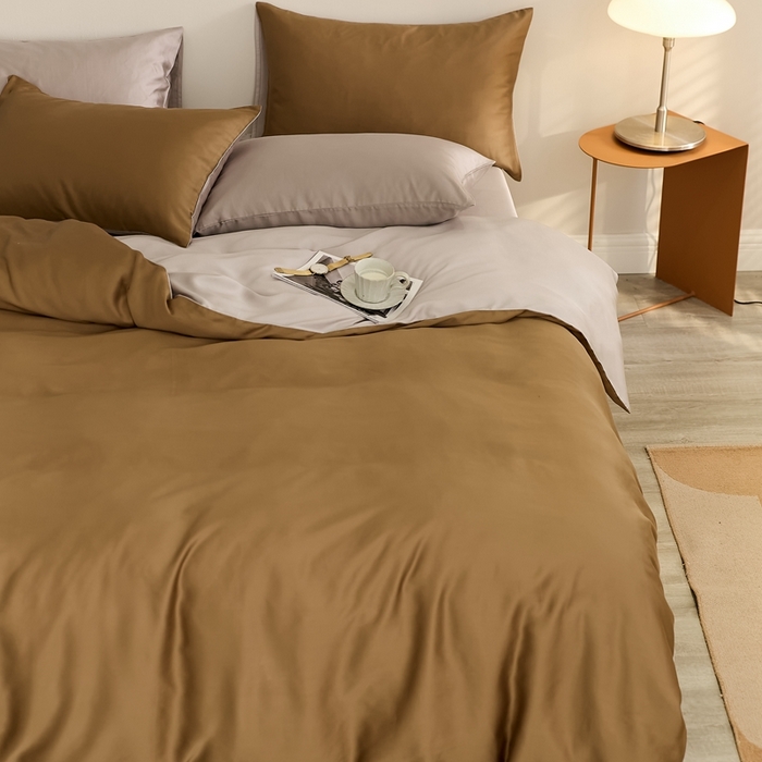 91家纺网 家纺一手货源 找家纺 2025新款A类奥地利进口60支兰精天丝莱赛尔轻奢纯色双拼四件套 敦煌色-曙光银