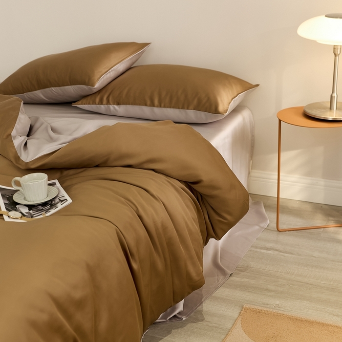 91家纺网 家纺一手货源 找家纺 2025新款A类奥地利进口60支兰精天丝莱赛尔轻奢纯色双拼四件套 敦煌色-曙光银