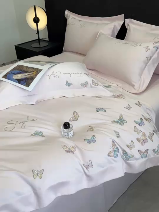 91家纺网 家纺一手货源 找家纺 安妮2025珠光蝶影3M天丝四件套 樱花粉