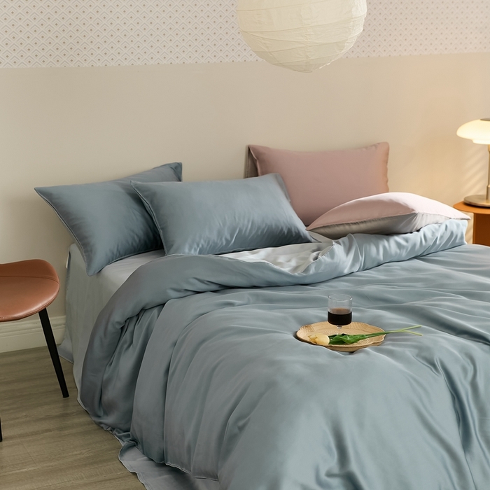 91家纺网 家纺一手货源 找家纺 2025新款A类奥地利进口60支兰精天丝莱赛尔轻奢纯色双拼四件套 灰蓝色-冰川灰