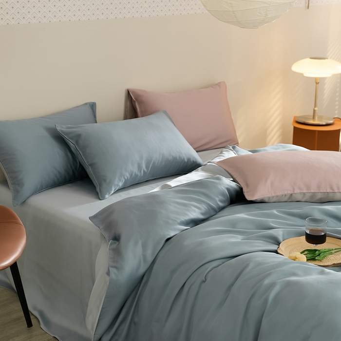 91家纺网 家纺一手货源 找家纺 2025新款A类奥地利进口60支兰精天丝莱赛尔轻奢纯色双拼四件套 灰蓝色-冰川灰