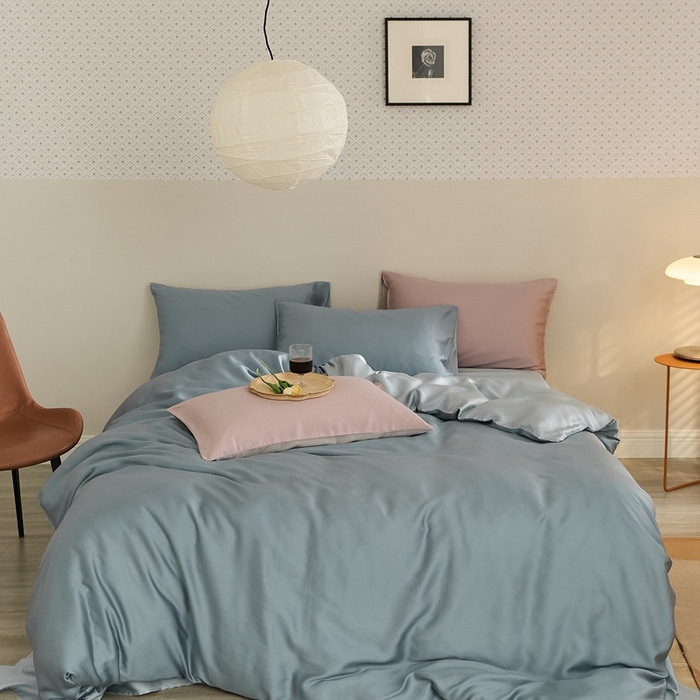 91家纺网 家纺一手货源 找家纺 2025新款A类奥地利进口60支兰精天丝莱赛尔轻奢纯色双拼四件套 灰蓝色-冰川灰