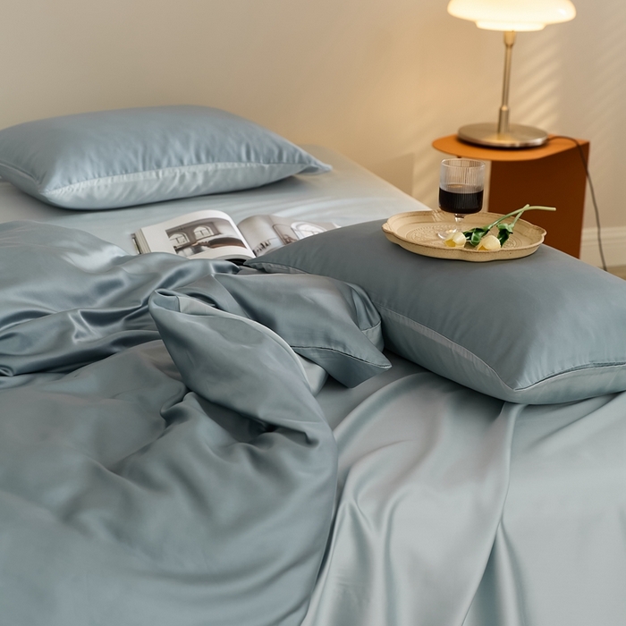 91家纺网 家纺一手货源 找家纺 2025新款A类奥地利进口60支兰精天丝莱赛尔轻奢纯色双拼四件套 灰蓝色-冰川灰