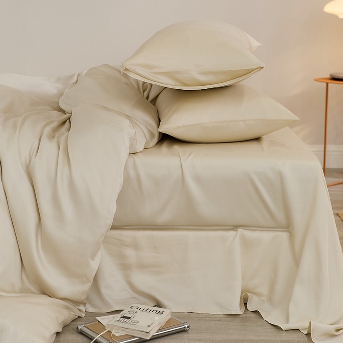 91家纺网 家纺一手货源 找家纺 2025新款A类奥地利进口60支兰精天丝莱赛尔轻奢纯色双拼四件套 极地白