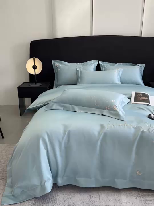 91家纺网 家纺一手货源 找家纺 安妮2025珠光蝶影3M天丝四件套 湖蓝