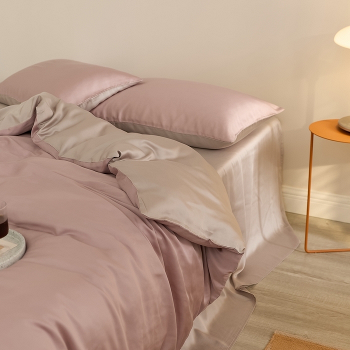 91家纺网 家纺一手货源 找家纺 2025新款A类奥地利进口60支兰精天丝莱赛尔轻奢纯色双拼四件套 满天星紫-曙光银